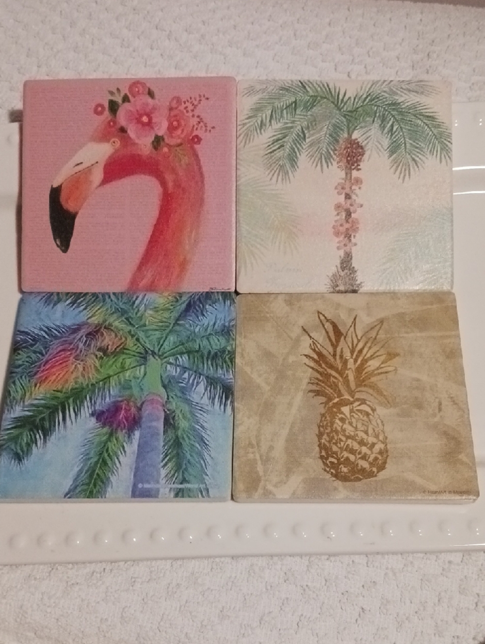 Gorgeous! Thirstystone🦩Pink Flamingo Palmtree🌴 Pineapple🍍 Tile Coaster Of 4